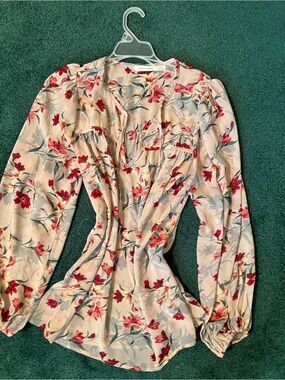 bishop + young Cream Floral Long-Sleeve Blouse with Red & Green Accents